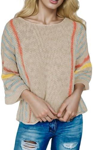 Women's Casual Color Block Striped Knit Sweater Lightweight Cable Knit Pullover Tops Spring Fall ... | Amazon (US)