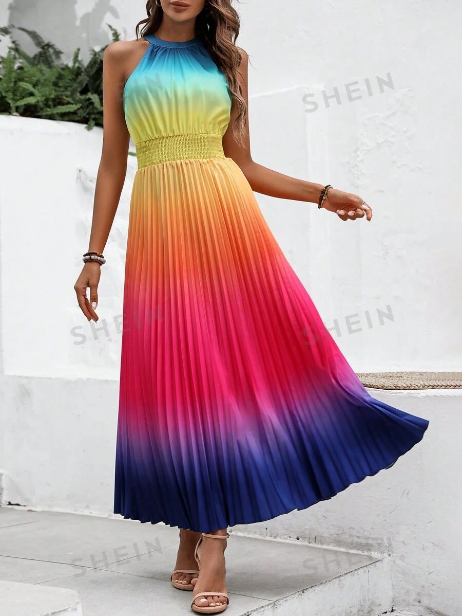 SHEIN VCAY Gradient Color Halter Neck Wrap Waist Dress | SHEIN