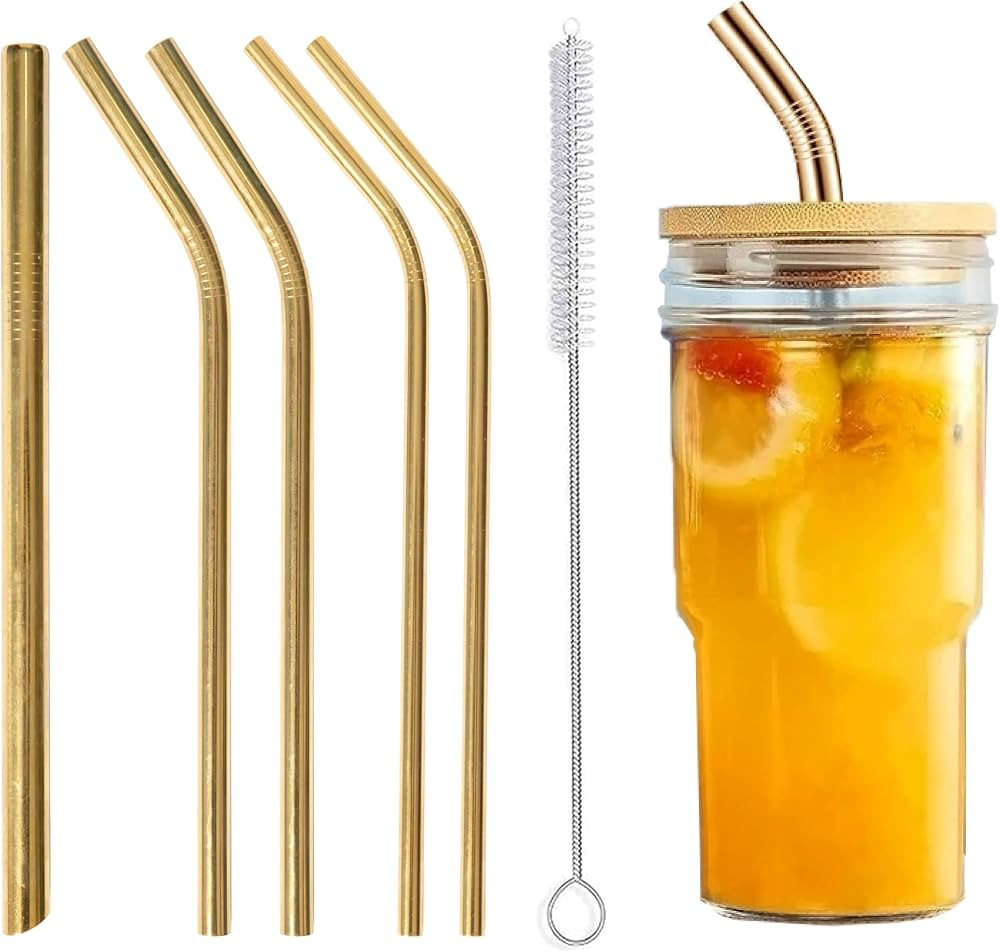 Gold stainless steel Reusable Straws-8.5" Set for smoothies, Juices &Coffee - 6-pack with Cleanin... | Amazon (US)