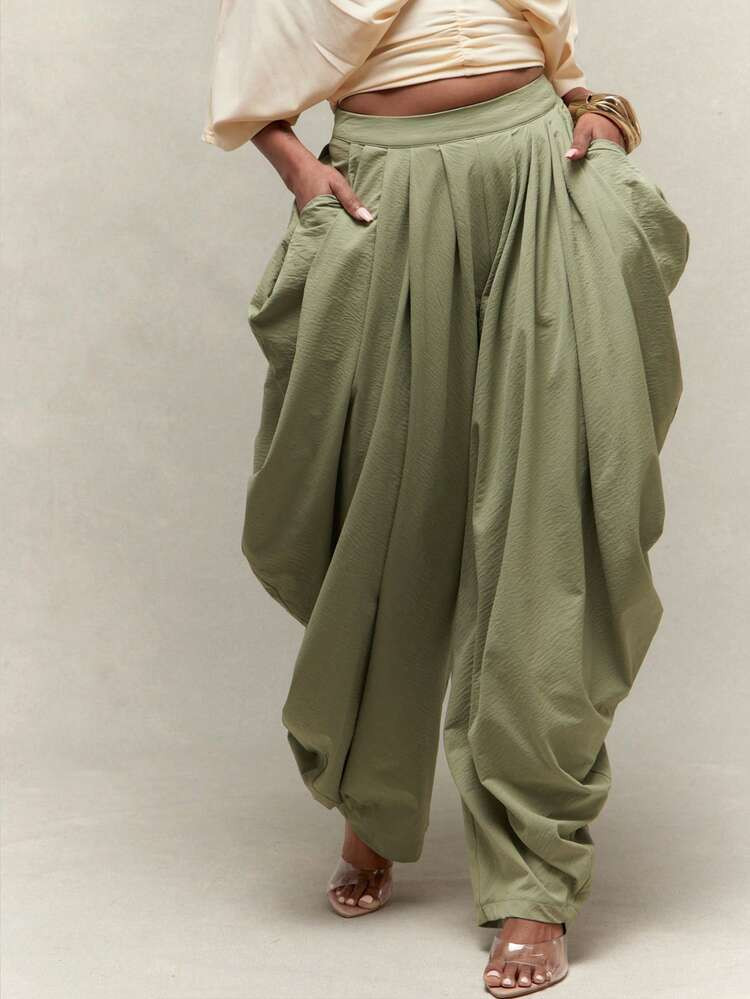 Vixey Pleated Elastic Waistband Harem Draped Pants | SHEIN