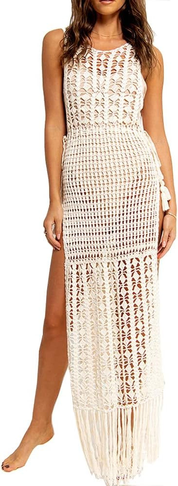 Women Sexy Hollow Out Mesh Tassle Skirts Beach Cover Up Crochet Summer Swimsuit Split Sheer Maxi ... | Amazon (US)