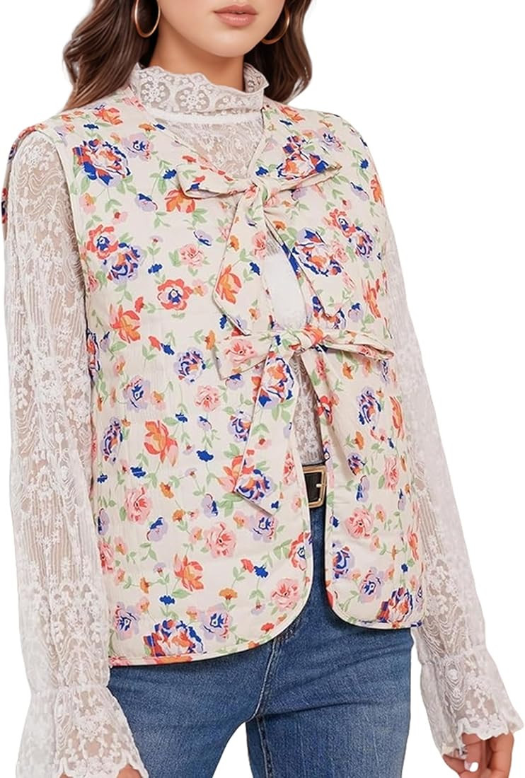 Women Leopard Puffer Vest Floral Print Quilted Jacket Tie Front Sleeveless Padded Gilet | Amazon (US)