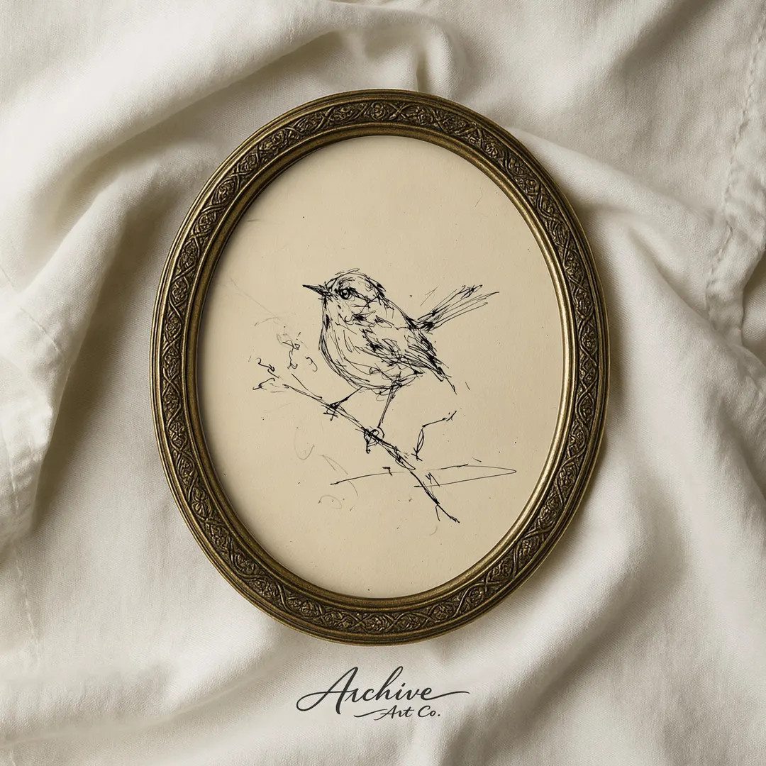 Vintage Cottage Songbird Line Drawing - Minimalist Branch Art, Neutral Pen-and-Ink Sketch, Cottag... | Etsy (US)