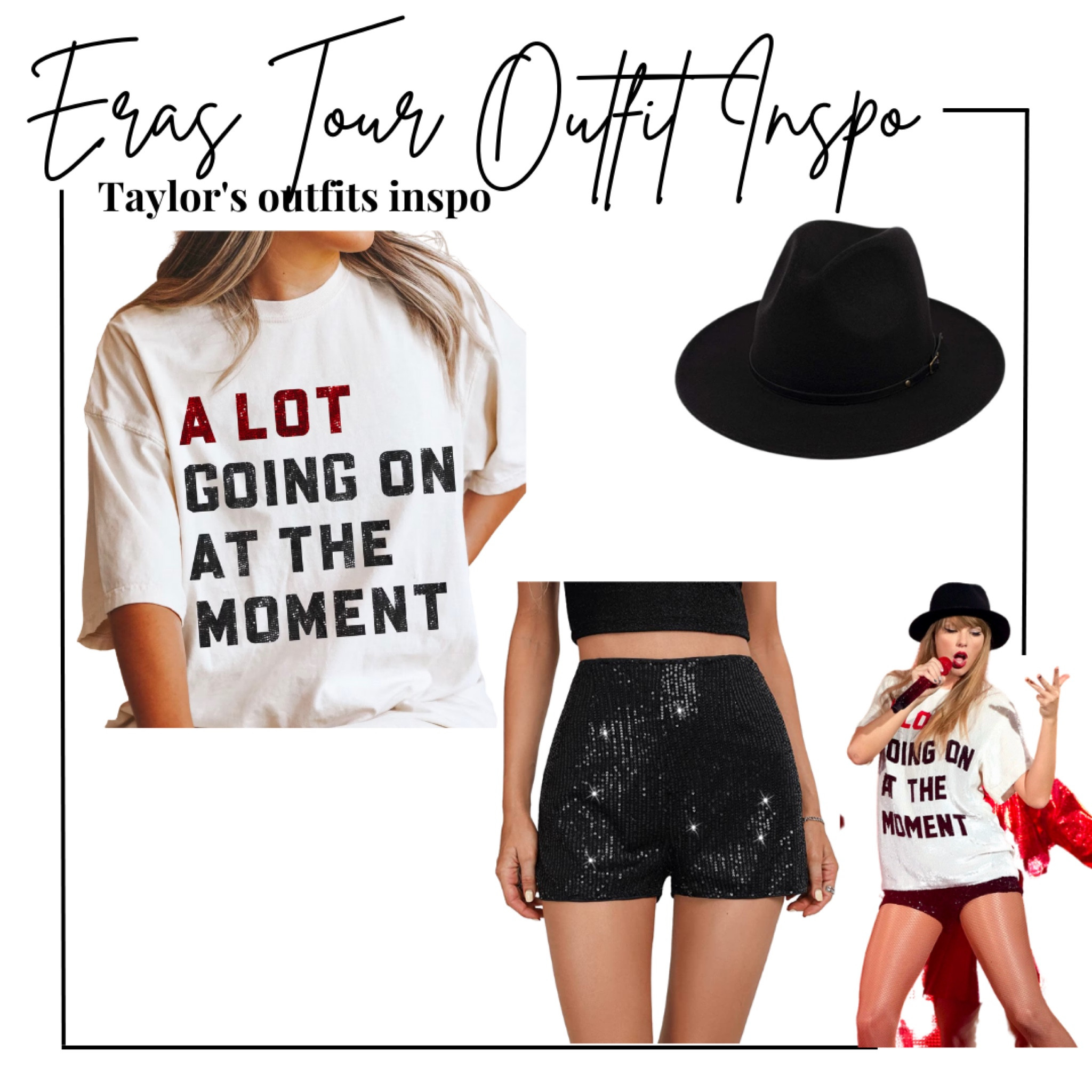 Taylor swift eras tour Outfit inspo - Taylor Swift red Outfit Night 1 - a lot going on at the moment shirt, black sequin shorts, black fedora 
.
Concert Outfit, eras Outfit, red era, Etsy find, amazon find, affordable outfit, get the look, ootd, outfit inspo 

#LTKFind #LTKFestival #LTKunder50