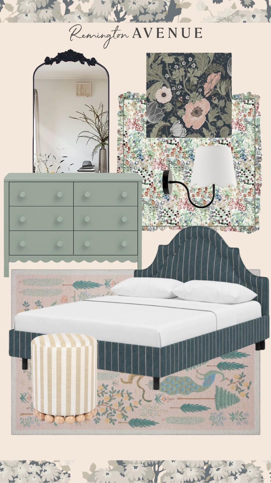  girls bedroom makeover. Colorful rug, scalloped dresser, upholstered headboard, girly decorative pillow, scalloped sconce, vintage mirror, floral wallpaper, upholstered accent table

 @wayfair #WayfairPartner #ad #Wayfair

#LTKKids #LTKSaleAlert #LTKHome