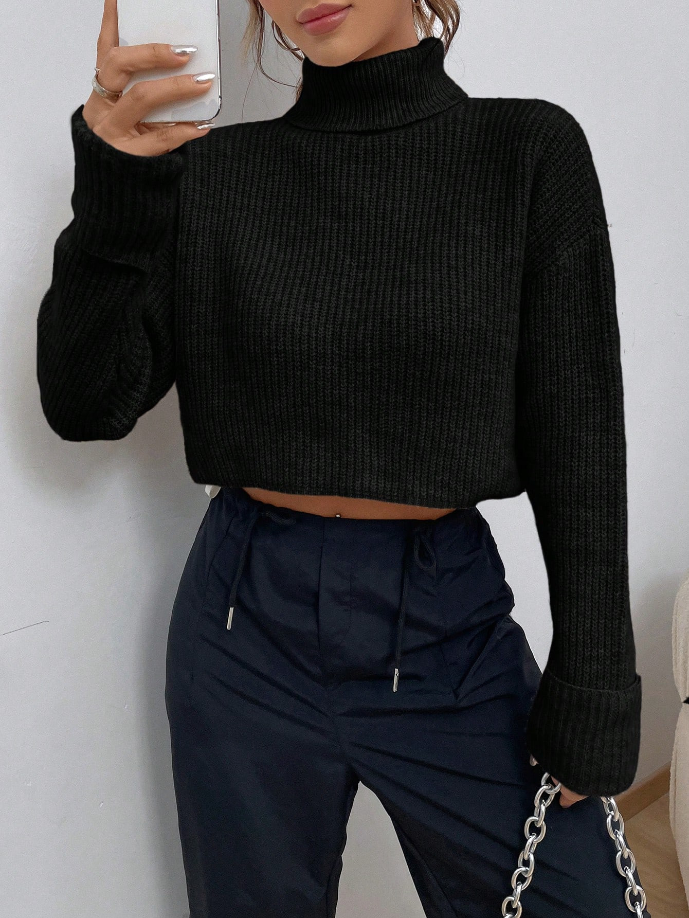 SHEIN EZwear Women's Solid Color High Neck Drop Shoulder Cropped Casual Sweater, Autumn/Winter | SHEIN