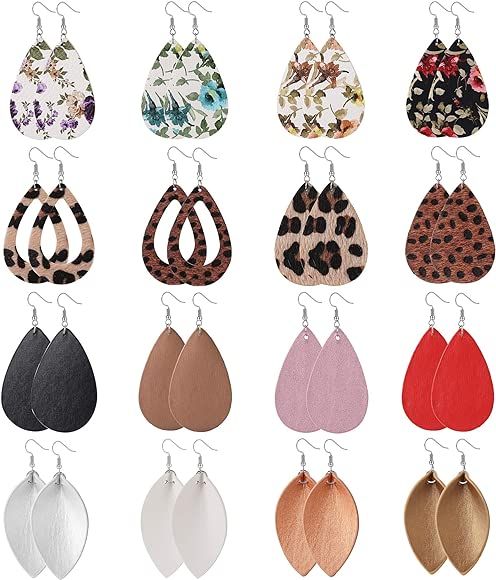 16 Pairs Leather Earrings for Women Girls Teardrop Leaf Flower Leopard Print Petal Drop Earrings ... | Amazon (US)