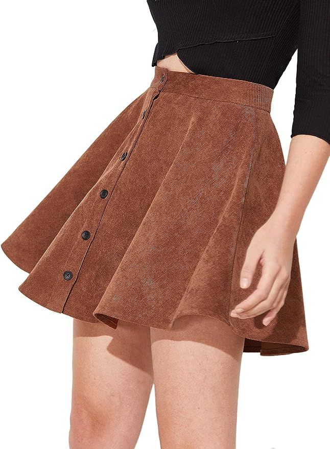 SheIn Women's Button Up Flare A-Line Corduroy Skater Cord Short Skirt | Amazon (US)