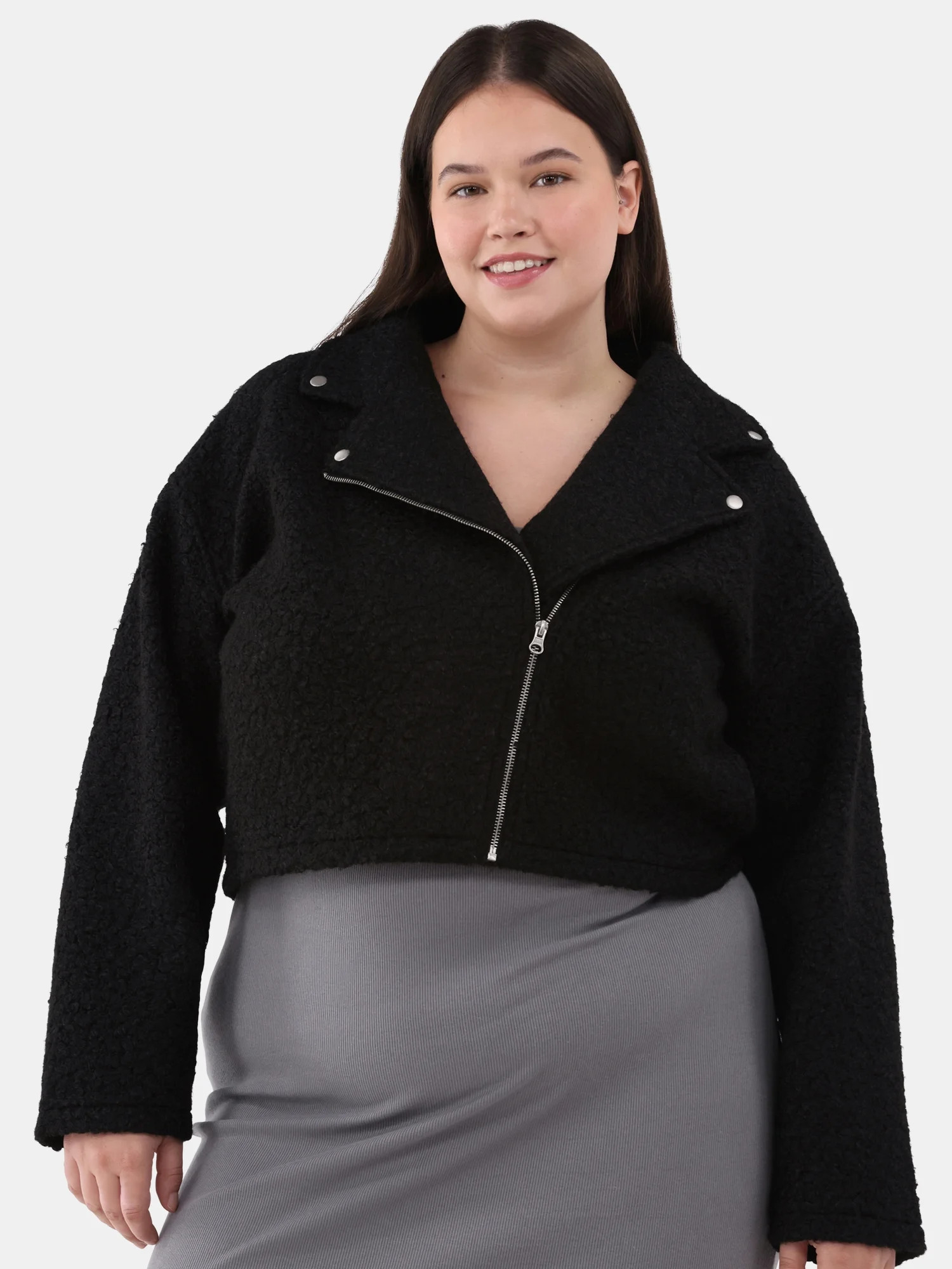 No Boundaries Asymmetric Zip Faux Shearling Moto Jacket, Women's and Women's Plus | Walmart (US)