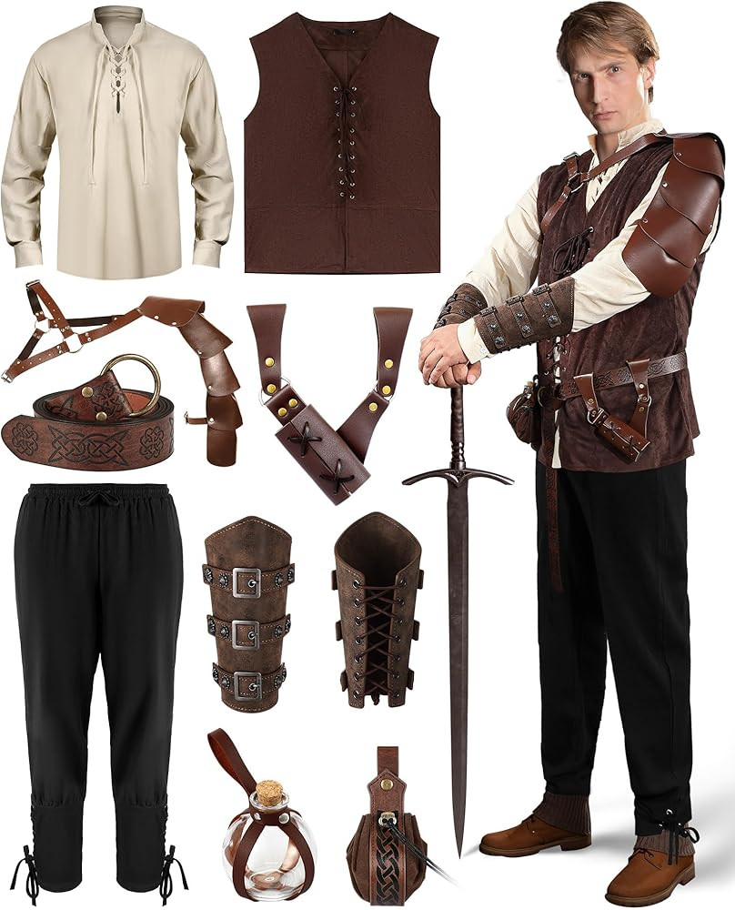 10 Pcs Men Renaissance Costume Set Medieval Pirate Shirt Vest Retro Pant Belt Pouch Shoulder Armo... | Amazon (US)