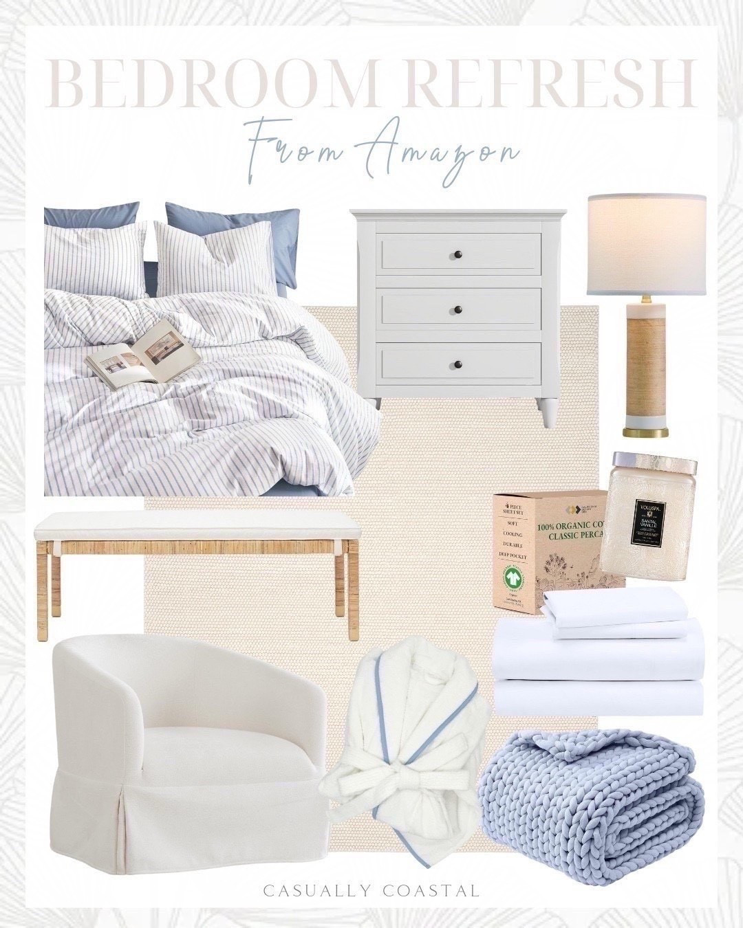 Bedroom Refresh From Amazon 

Amazon bedding, Amazon rug, Amazon coastal bedding, coastal bedroom, Amazon lamp, Amazon robe, Amazon accent chair, Amazon candle, Amazon sheets, Amazon nightstand, Amazon throw blanket, striped cotton duvet cover set, rattan storage bench, upholstered end of bed ottoman bench, white sheets, 100% organize cotton sheets, chunky throw blanket, cotton bathrobe, long robe, rattan ceramic lamp, 8x10 rug, coastal rug, bedroom rug, neutral rug, 3 drawer nightstand, white nightstand, woven rattan bench, swivel accent chair, linen fabric armchair, Voluspa Santal Vanille candle, goose feather down comforter, hotel collection bed pillows

#LTKHome