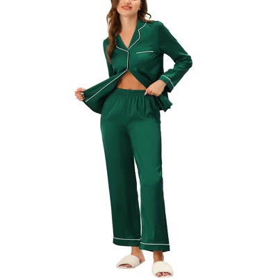 cheibear Women's Satin Button Down Lounge Tops and Pants Sleepwear Pajama Set Green Small | Target