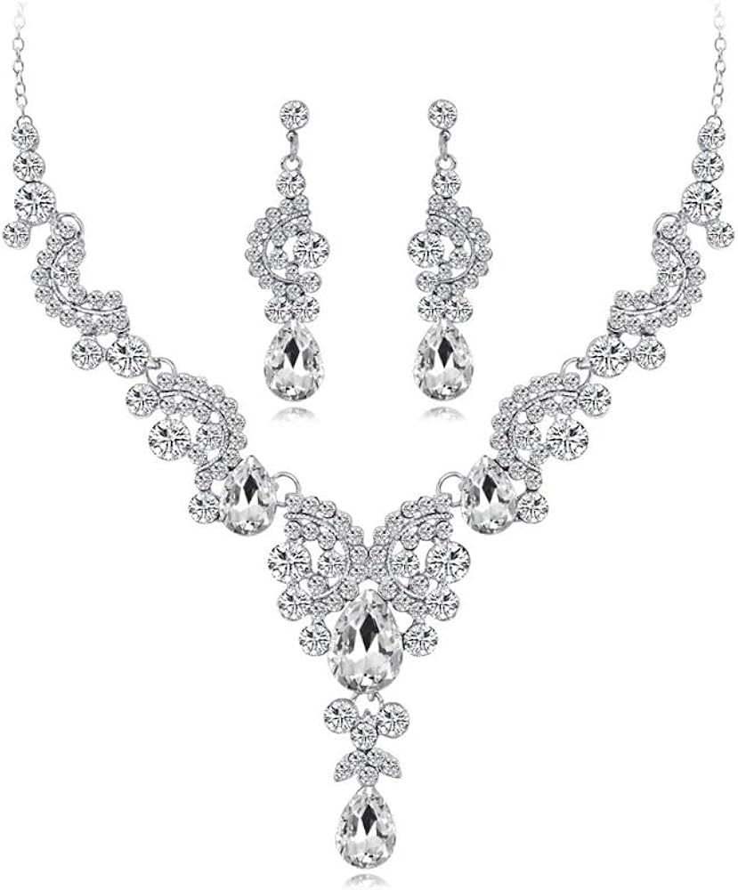 Bridal Jewelry Set, Crystal Necklace and Earrings Set, 5 Colors | Amazon (US)