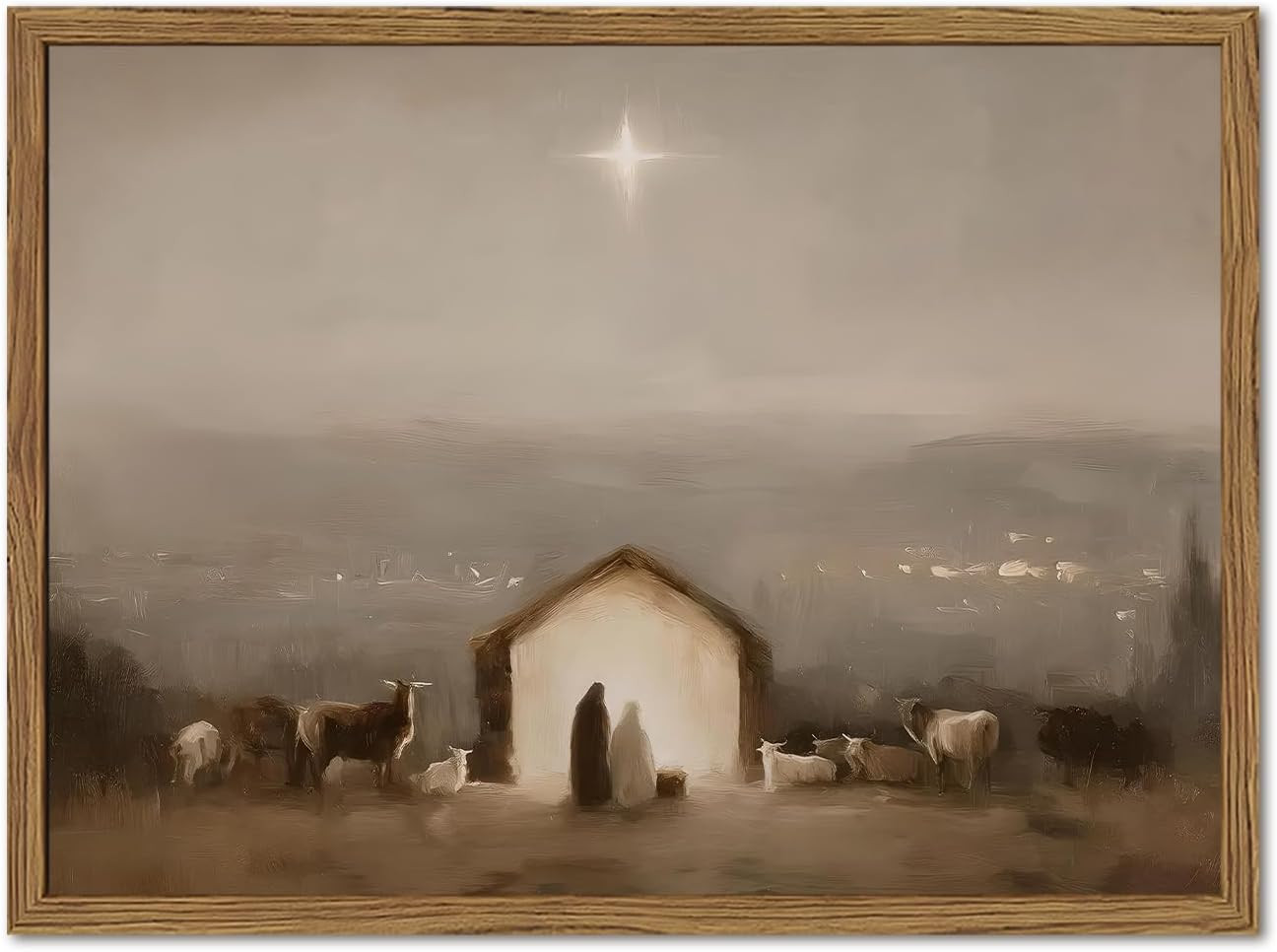 Vintage Nativity Scene Wall Art, Jesus Birth Wall Decor Paintings Christian Bethlehem Star Religious Poster Canvas Prints Picture for Bedroom Living Prayer Room 12x16 inch Wood Framed | Amazon (US)
