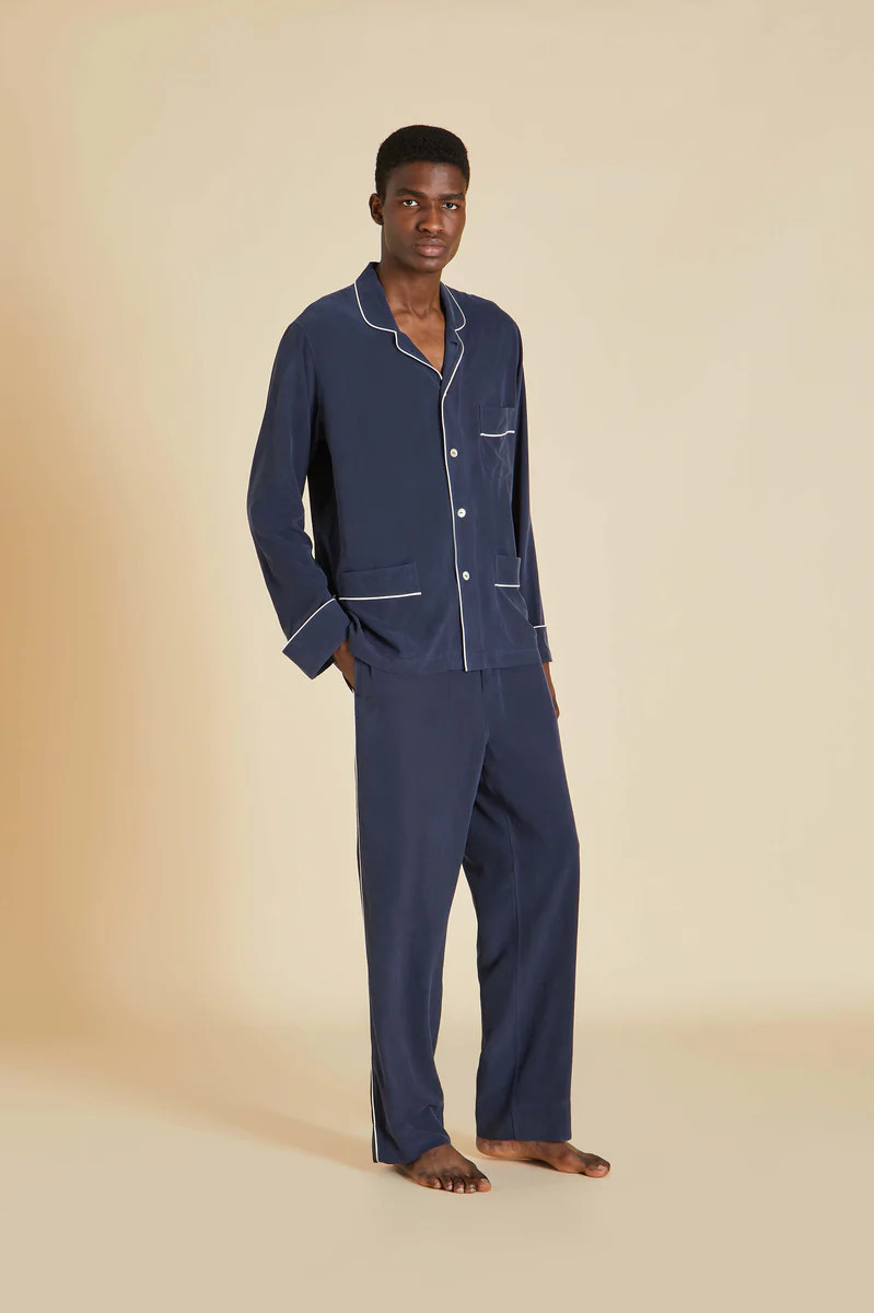 Laurent Navy Pajamas in Sandwashed Silk | Olivia von Halle Ltd