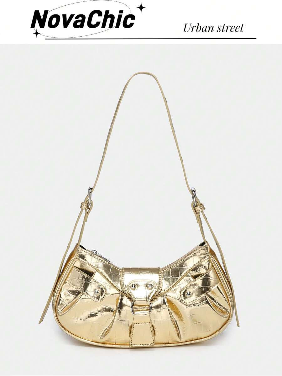 Novachic, 1pc Crocodile Pattern Golden Vintage Rivet Decor Pleated Snap Closure Adjustable Should... | SHEIN