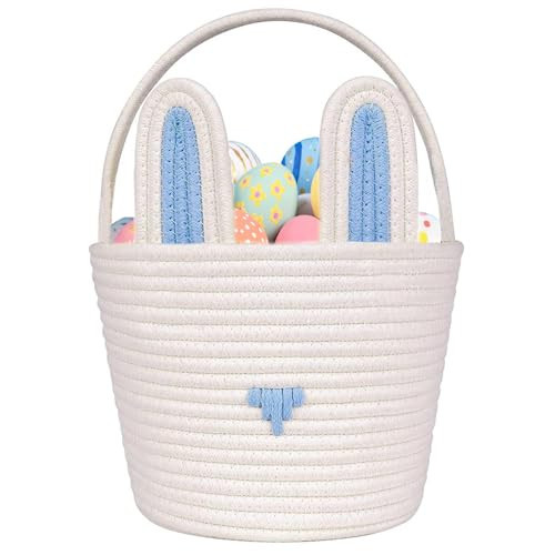 Poschnor Large Easter Basket with Gift Bags and Ribbons, Easter Bunny Basket for Kids, Woven Cotton Rope Basket for gifting, Blue/White | Amazon (US)