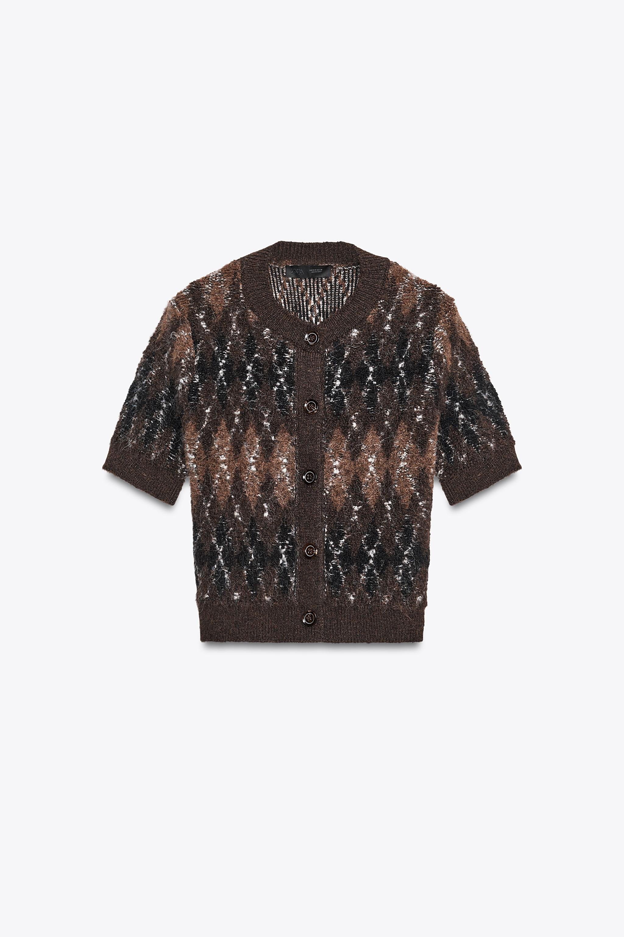 SHORT SLEEVE ARGYLE KNIT CARDIGAN | Zara US