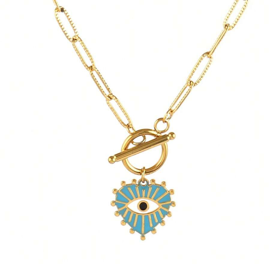 1pc Stainless Steel Gold Necklace For Women Boho Colorful Enamel Eye Shape Pendant Necklaces Fema... | SHEIN
