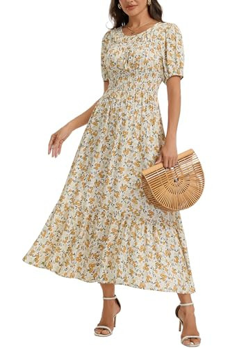 Summer Floral Tiered Maxi Dress for Women 2026 Spring Puff Short Sleeve Casual Flowy A-Line Smocked Dresses for Wedding Guest | Amazon (US)