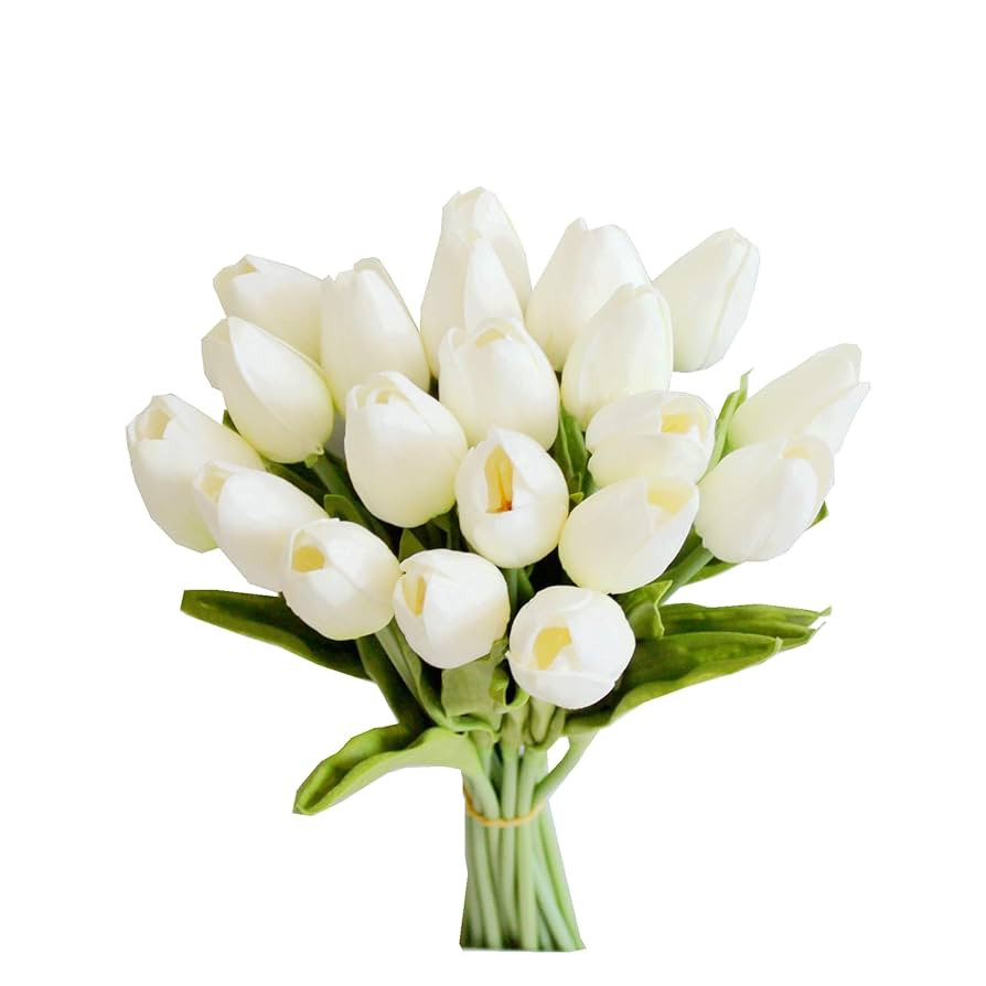 Mandy's Artificial Tulips 20 Stems White PU Faux Flowers for Wedding Home Decor 13.5 Inch | Amazon (US)