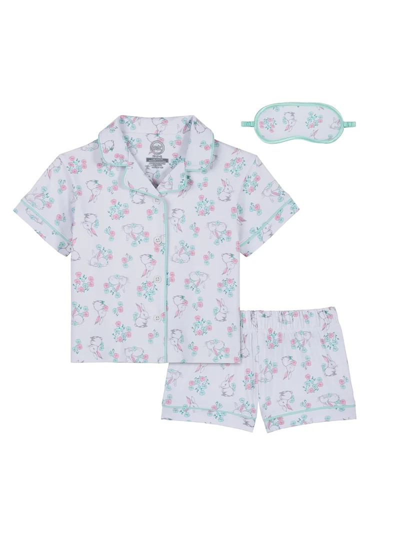 Wonder Nation Girls Short Sleeve Button Front Pajama Top and Shorts Set with Eyemask, 3-Piece, Si... | Walmart (US)