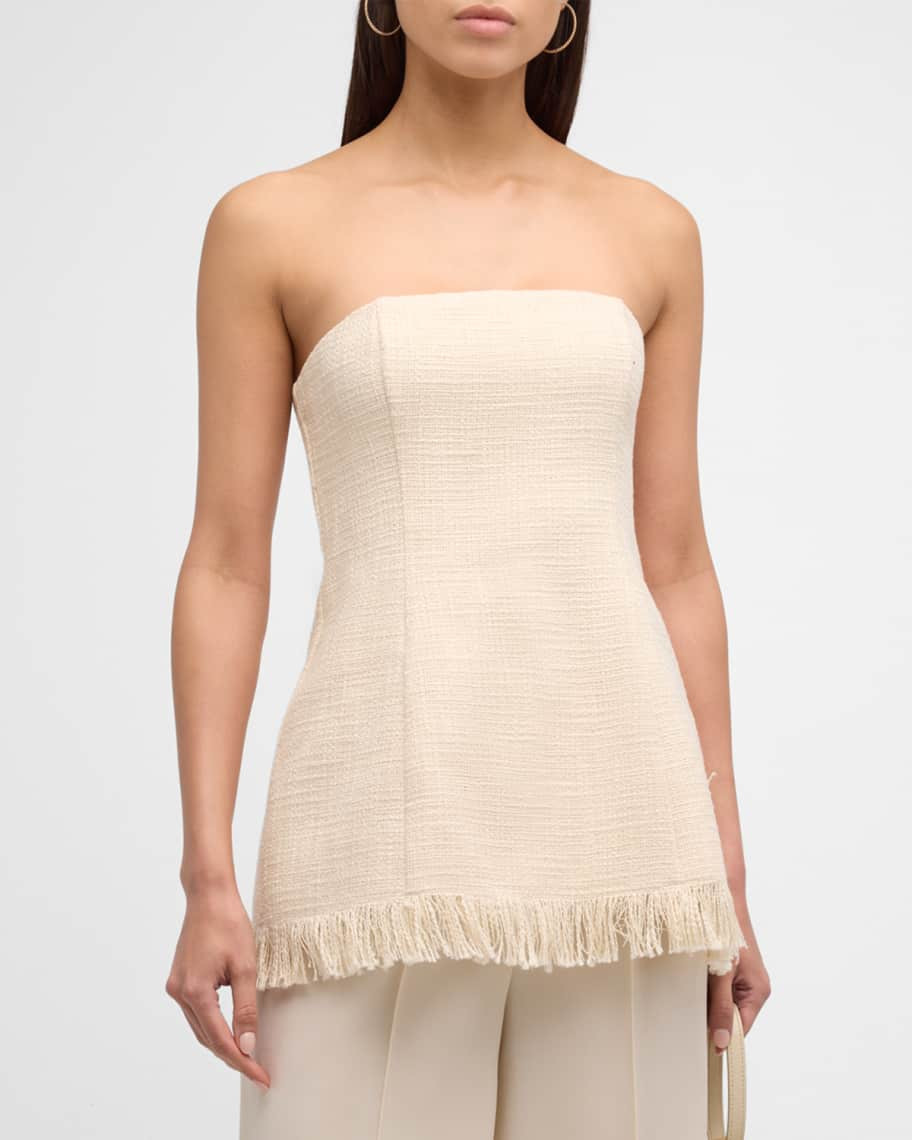STAUD Silvia Strapless Frayed-Edge Textured Cotton Top | Neiman Marcus