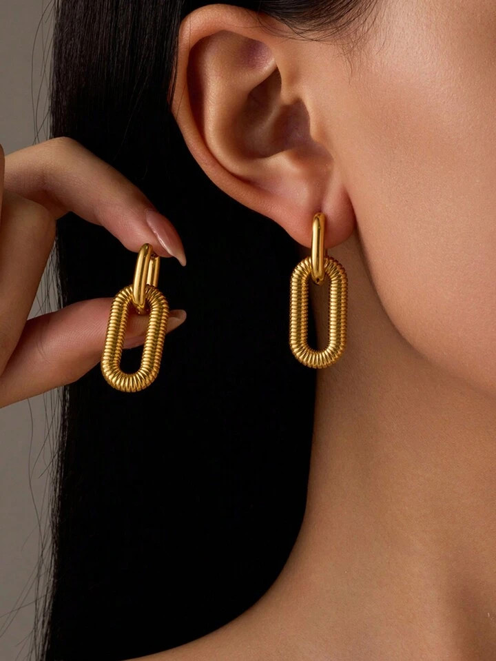 1-Pair Gold Earrings For Women Trendy, Simple Dainty 14K Gold Plated Paperclip Square Chain Link ... | SHEIN