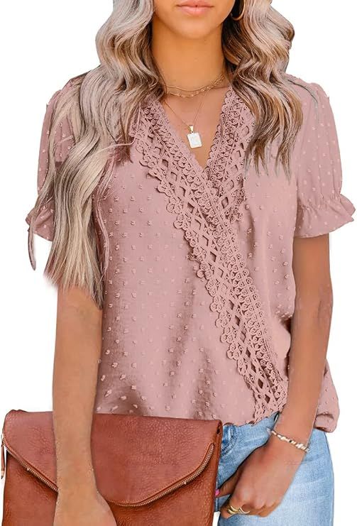Dasivrry Womens Chiffon Swiss Dot Lace Blouse Casual Solid Color V Neck Long Sleeve Pom Poms Shir... | Amazon (US)
