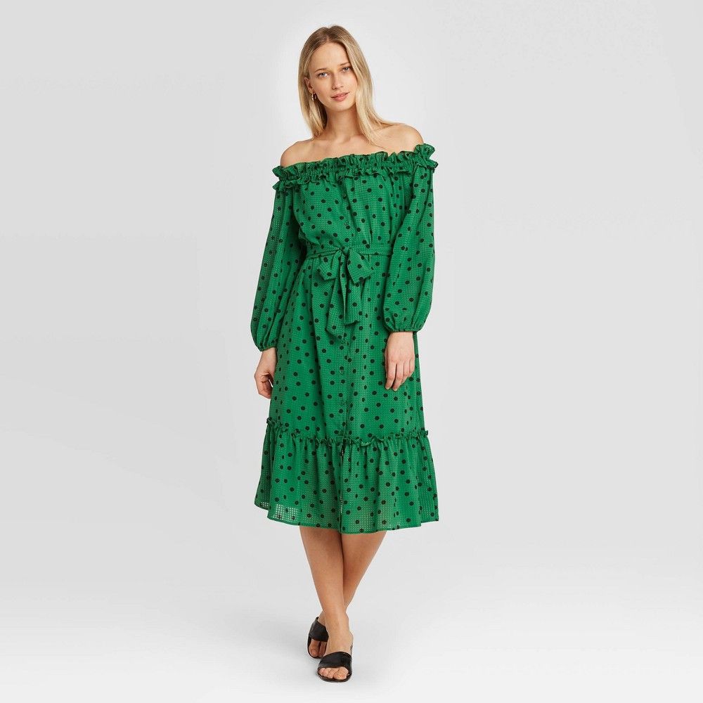 Women's Polka Dot Puff Long Sleeve Dress - Who What Wear Green XXL | Target