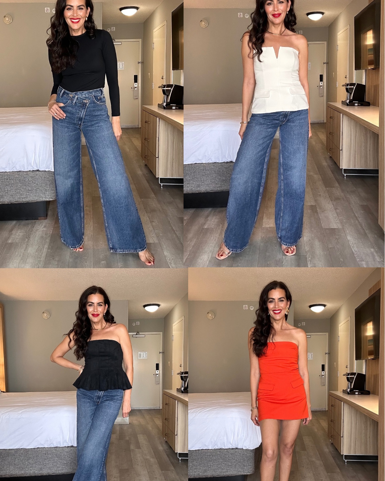 ‼️All sizing and info⬇️
Wear a size S in both tops. Tts. 
Jeans in size 27 or 4. 
Dress in size S. And has shorts underneath. 
Lipstick is Ruby woo. 
Blazer is not Zara 
Zara, date night, Valentine’s Day outfits, jeans, 

#LTKSeasonal #LTKNYFW #LTKFindsUnder50