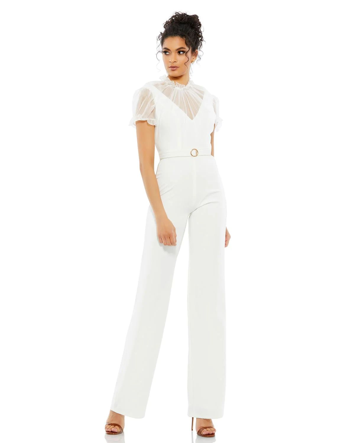 Ieena for Mac Duggal Women's Belted Illusion High Neck Cap Sleeve Jumpsuit Dress in White 2 Lord & T | Lord & Taylor