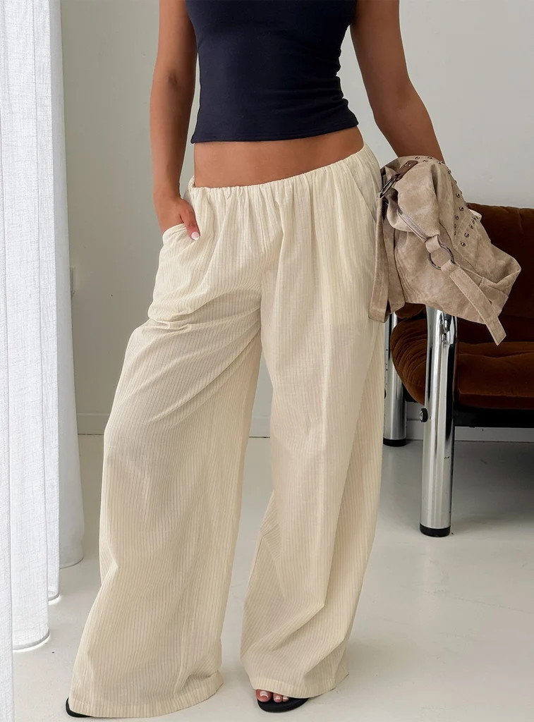 Lunea Concealed Waistband Pants Beige Stripe | Princess Polly US