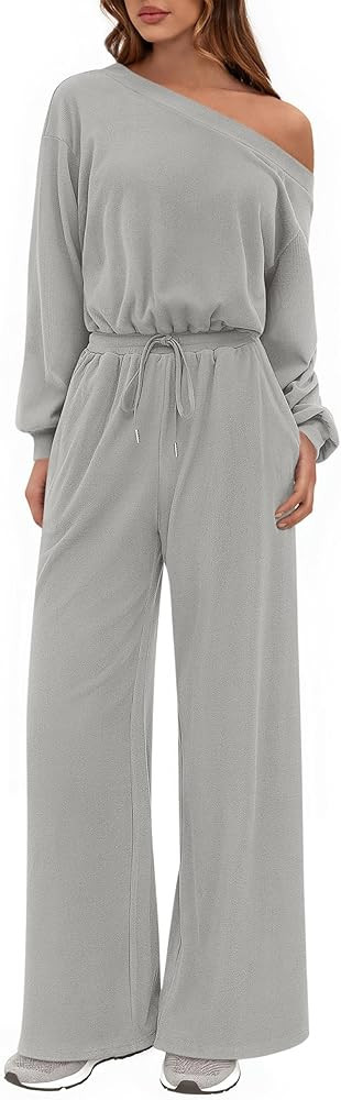 PRETTYGARDEN Long Sleeve Jumpsuit For Women Dressy 2025 Off Shoulder One Piece Loose Wide Leg Jum... | Amazon (US)