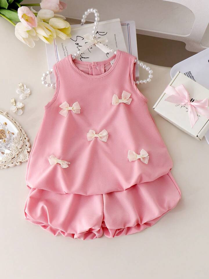 SHEIN 2pcs/Set Young Girl Fashionable Mesh Bow Back Tank Top & Shorts Outfit, Pink Color, Cute & Casual Summer Suit | SHEIN