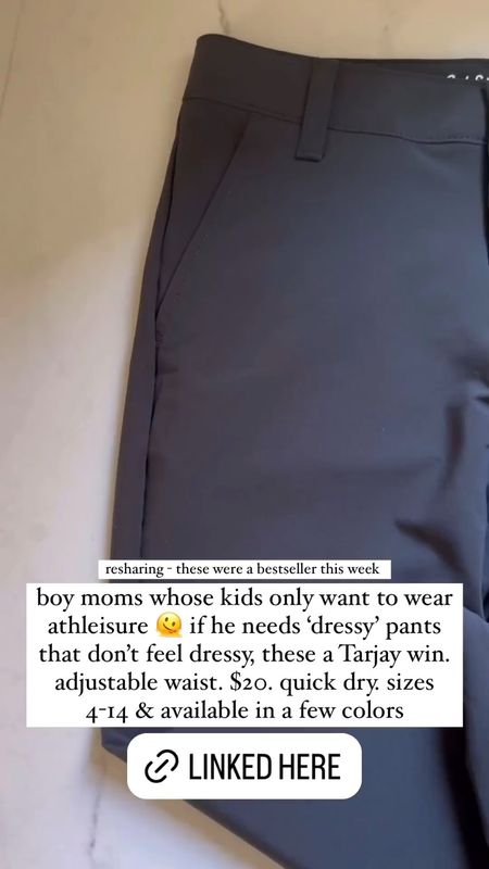 boy moms - these pants look like dress pants but feel like athleisure! quick dry with an adjustable waist so good for skinny guys. only $20 too! 

#LTKfamily #LTKkids