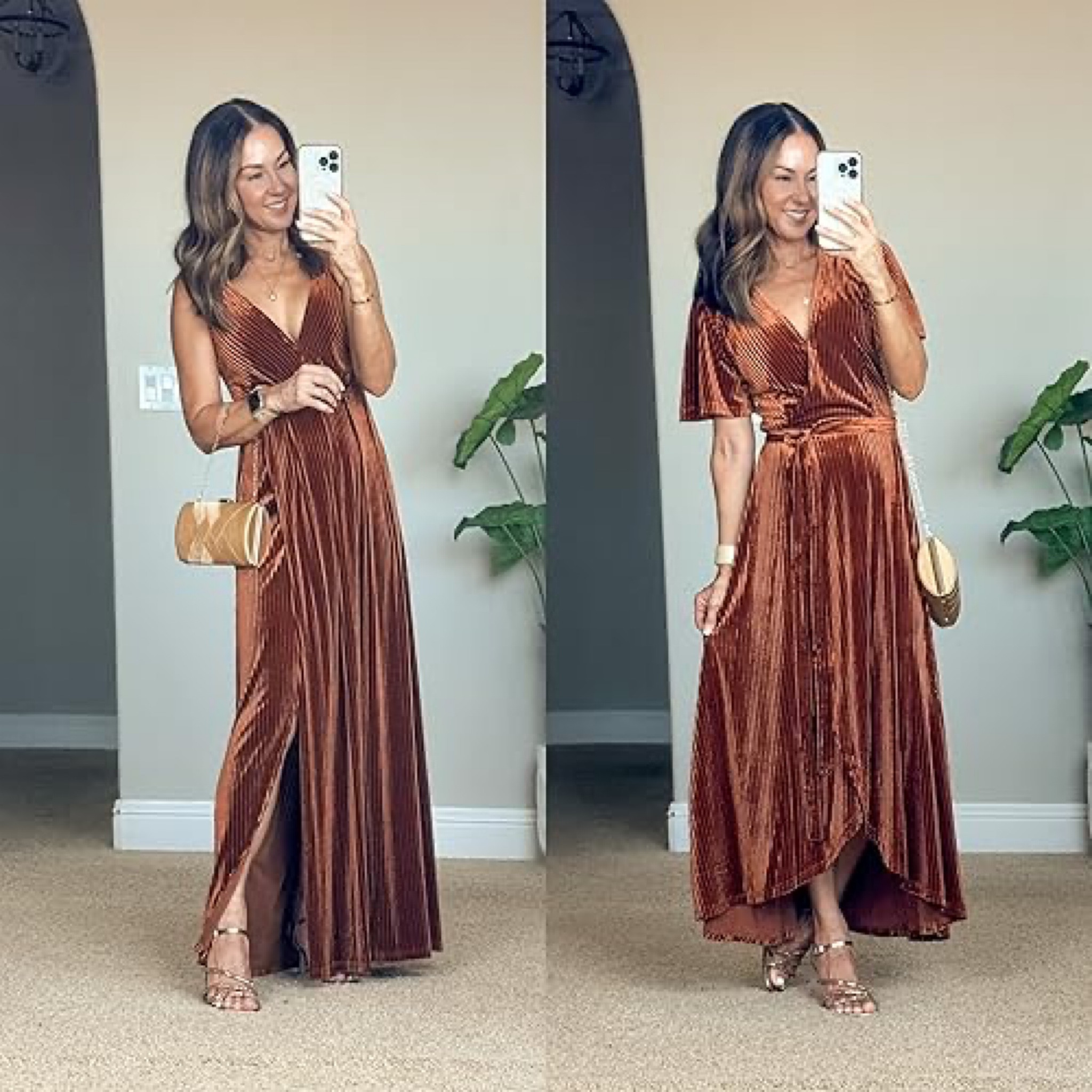 Fall wedding guest maxi dresses size o in velvet burnt orange. 

Stretchy, comfy dresses. One has adjustable straps and one has short sleeves. Heels TTS, convertible clutch.
For reference: I’m 5’1”, 109lbs

#LTKOver40 #LTKSeasonal #LTKHome