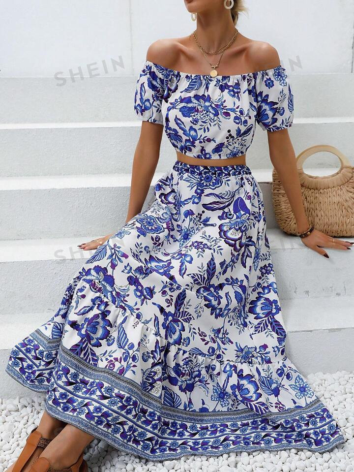 SHEIN VCAY Floral Print Off Shoulder Crop Top & Ruffle Hem Skirt | SHEIN