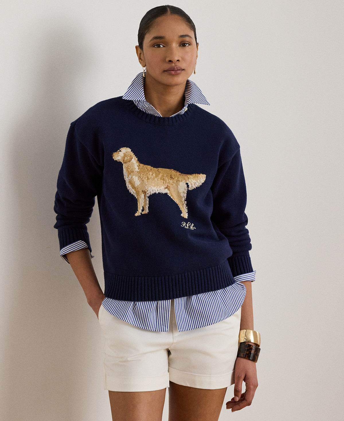 Lauren Ralph Lauren Petite Intarsia-Knit Crewneck Sweater - Refined Navy Multi | Macy's