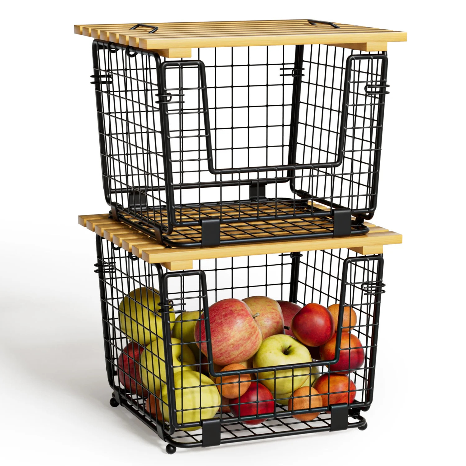 TINANA Stackable Fruit Baskets with Bamboo Top: 2 Pack Pantry Organizer for Kitchen Counter, Stor... | Walmart (US)