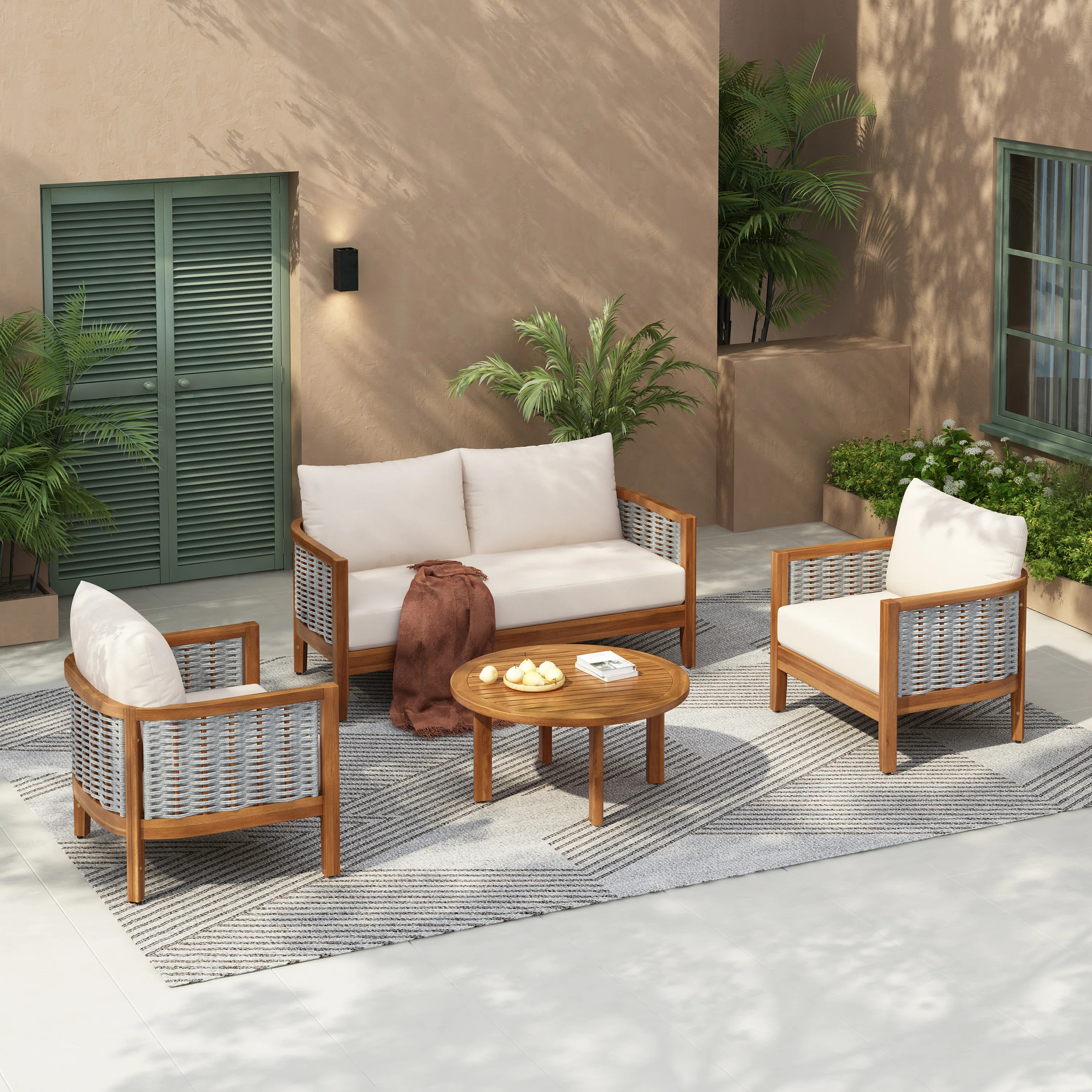 Canna Outdoor 4-Piece Acacia Wood Conversation Set With Woven Rope & Cushions | Wayfair North America
