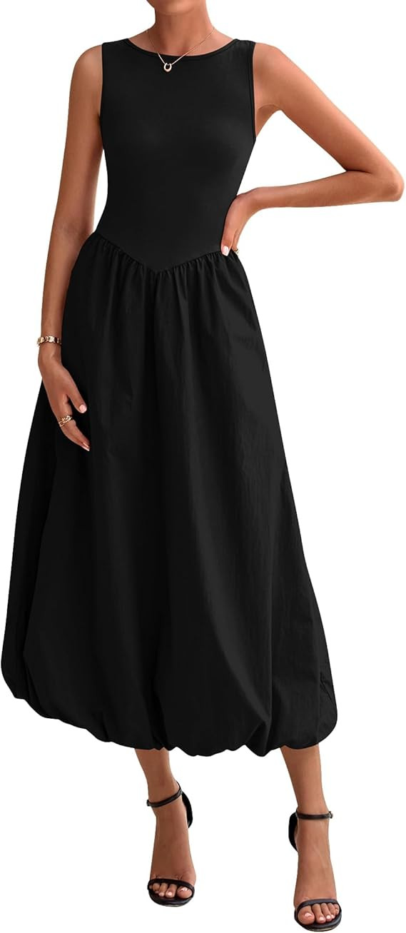 BTFBM Women's 2026 Summer Casual Sleeveless Midi Dress Patchwork Knit Tank Bubble Long Flowy Beac... | Amazon (US)