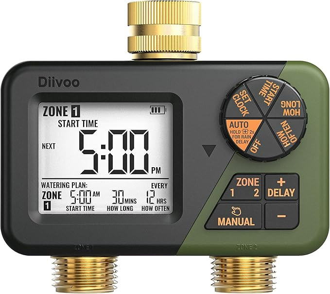 Diivoo Brass Sprinkler Timer 2 Zone, IP66 Waterproof Programmable Water Hose Timer 2 Outlet with ... | Amazon (US)