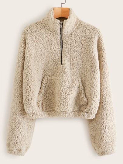 Half Zip Kangaroo Pocket Teddy Sweatshirt | SHEIN