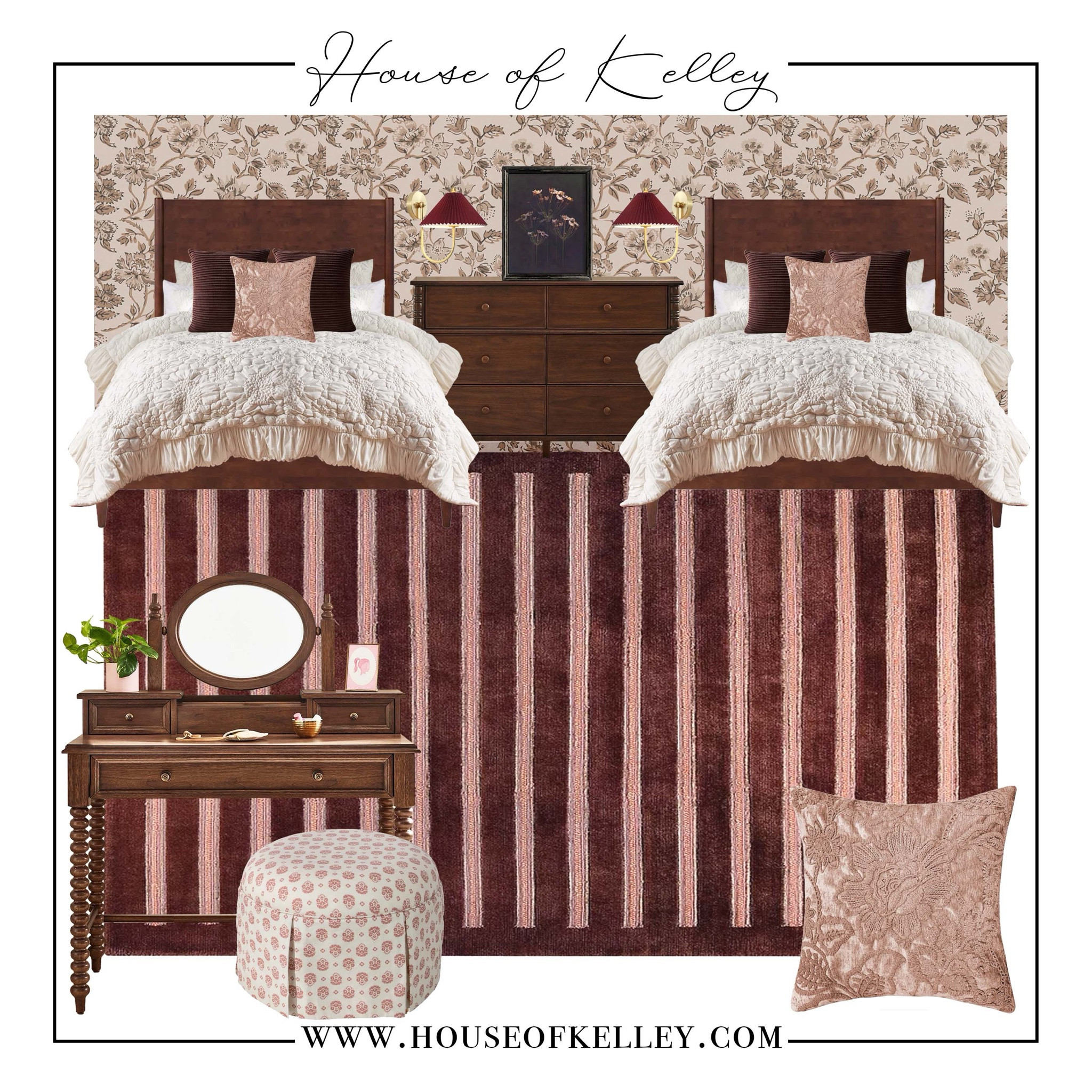 Girl bedroom, teenage girl bedroom, tween bedroom, pink bedroom, brown bedroom, white bedding, floral throw pillow, neutral bedding, pink throw pillows, pink and brown room, decorative pillows, floral bedding,  brown bed, wood bed, wood furniture, wood vanity mirror, bedroom furniture, brown furniture, girl furniture, wood dresser, Wayfair furniture, stained nightstand, brown bedroom area rug, striped rug, pink rug, bedroom rug, teen rug, girl rug, vanity chair, vanity stool, sconce lighting, maroon lamp, burgundy lamp, pottery barn teen, interior design, interior decorator, bedroom refresh, wall art, floral wall art, Etsy art, Etsy painting, sibling room, sister room, shared bedroom, sister bedroom, twin bedroom  

#LTKFamily #LTKKids #LTKHome