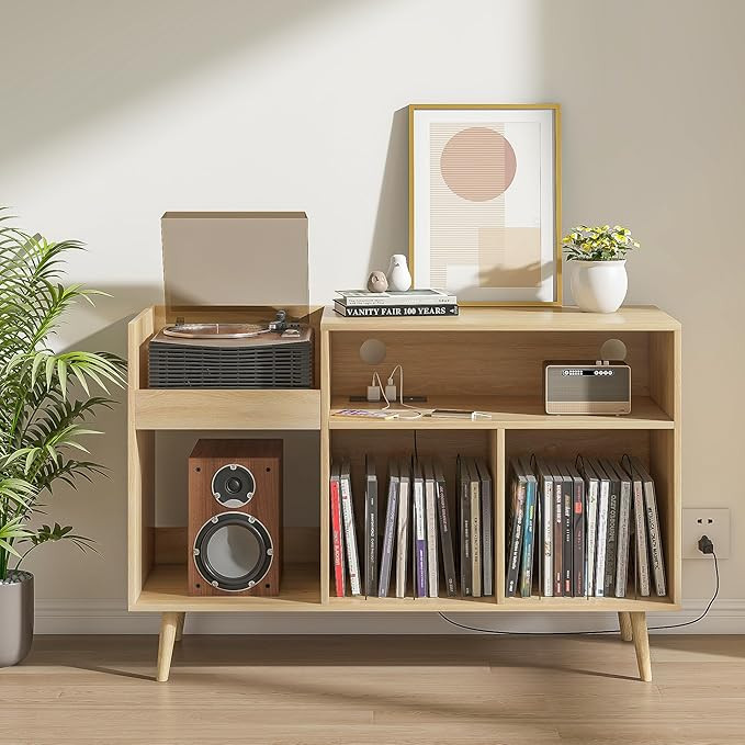 Record Player Stand with Charging Station & USB Ports, Mid-Century Turntable Stand Table Holds Up... | Amazon (US)