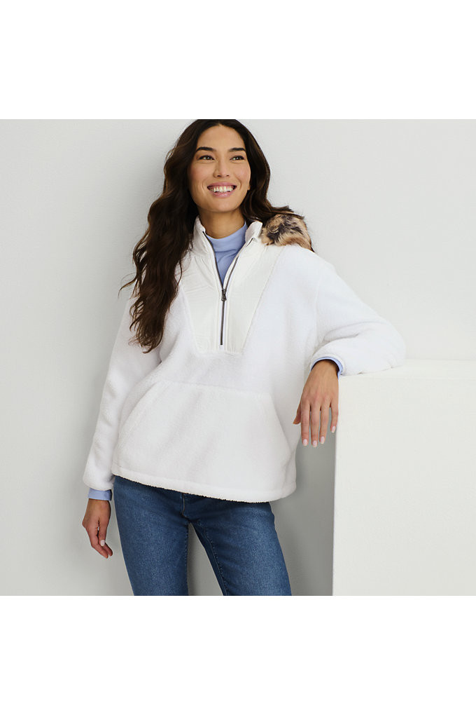Women's Hooded Half Zip Faux Fur Sherpa Fleece Pullover - Lands' End - White - M | Lands' End (US)