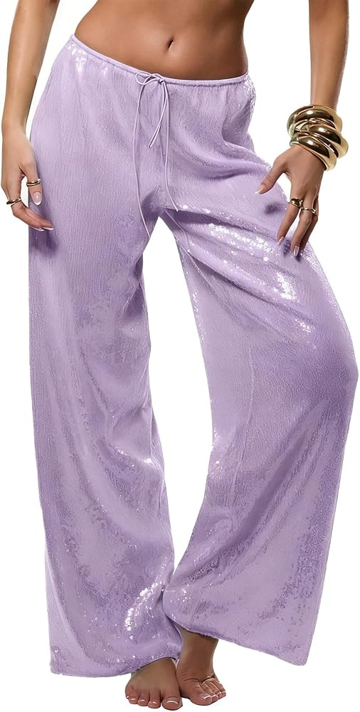 Women's Sequin Wide Leg Pants Sparkly Bling Drawstring Elastic Waist Loose Fit Disco Party Night ... | Amazon (US)