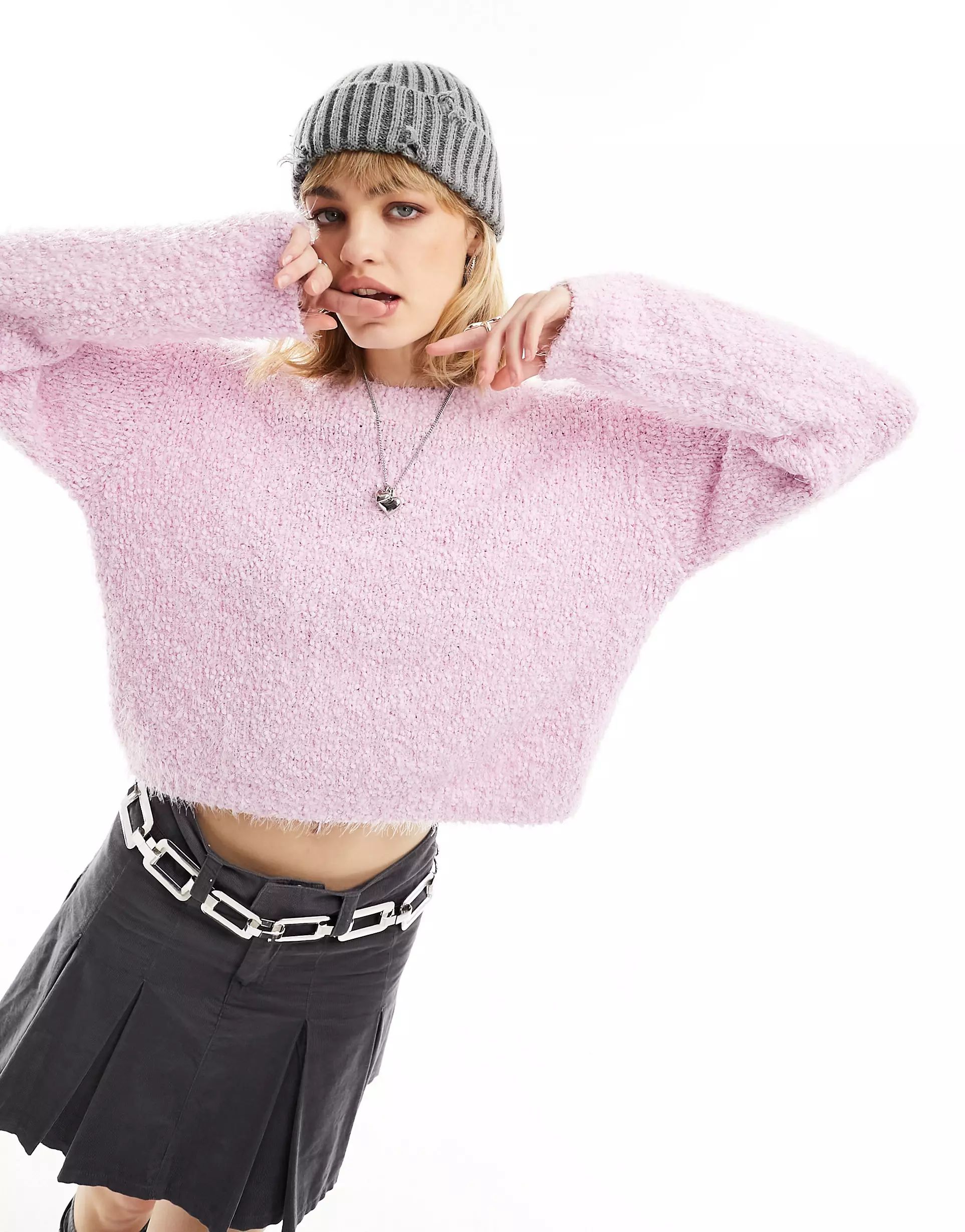 Noisy May crew neck fuzzy knit jumper in pink | ASOS (Global)
