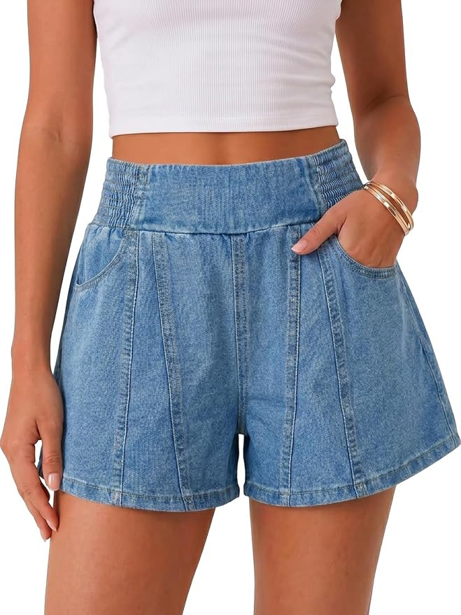 Cicy Bell Womens Summer Pull on Jean Shorts Casual Trendy Elastic High Waisted Denim Shorts Baggy... | Amazon (US)